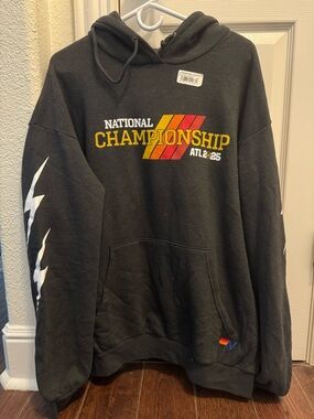Aviator Nation Black Crewneck Hoodie with Yellow, Orange & Red Chest Graphic